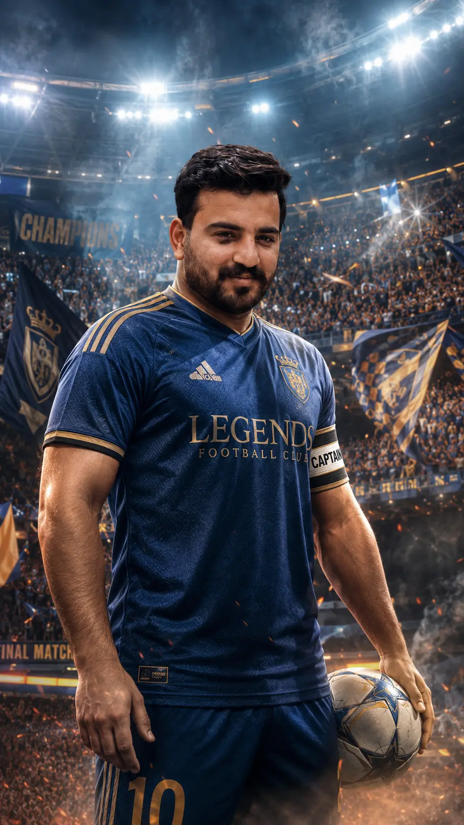 Football team captain poster with stadium lights and matchday energy