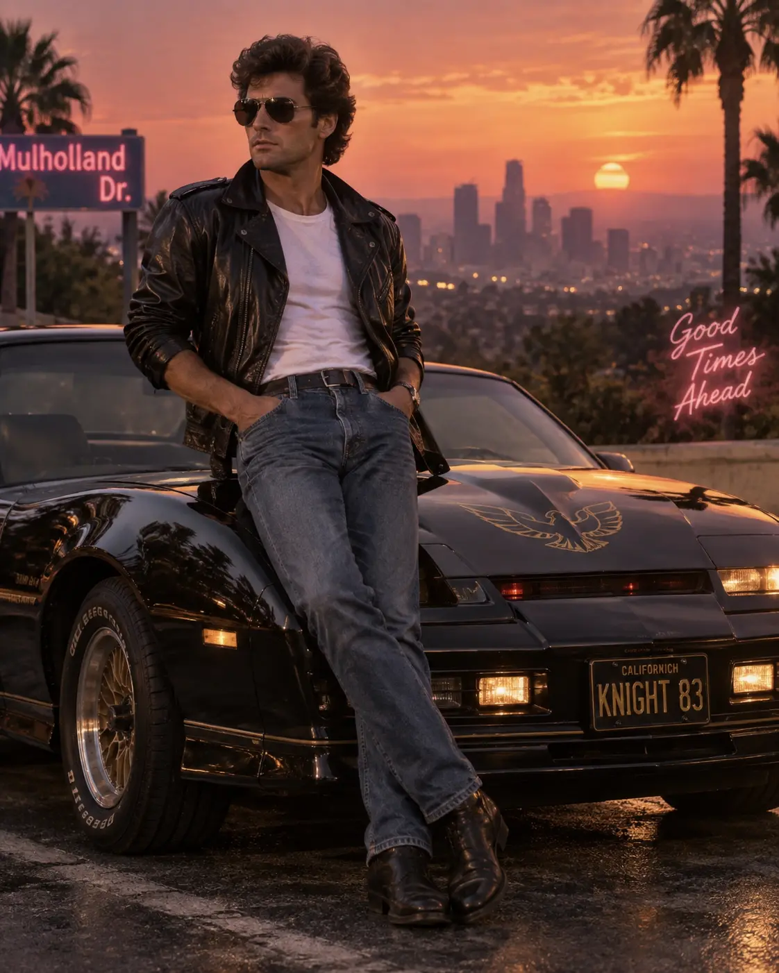 Man in black leather jacket and blue jeans leaning against a black 1980s sports car with city skyline and sunset in background