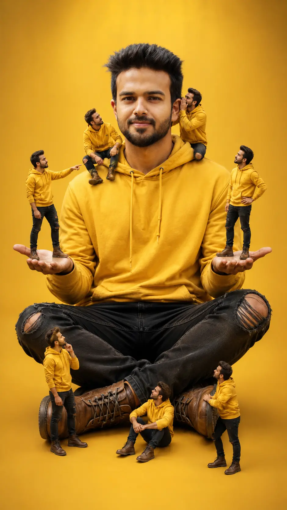 Portrait of a man in a yellow hoodie sitting cross-legged on a yellow background, surrounded by miniature clones of himself in various poses.