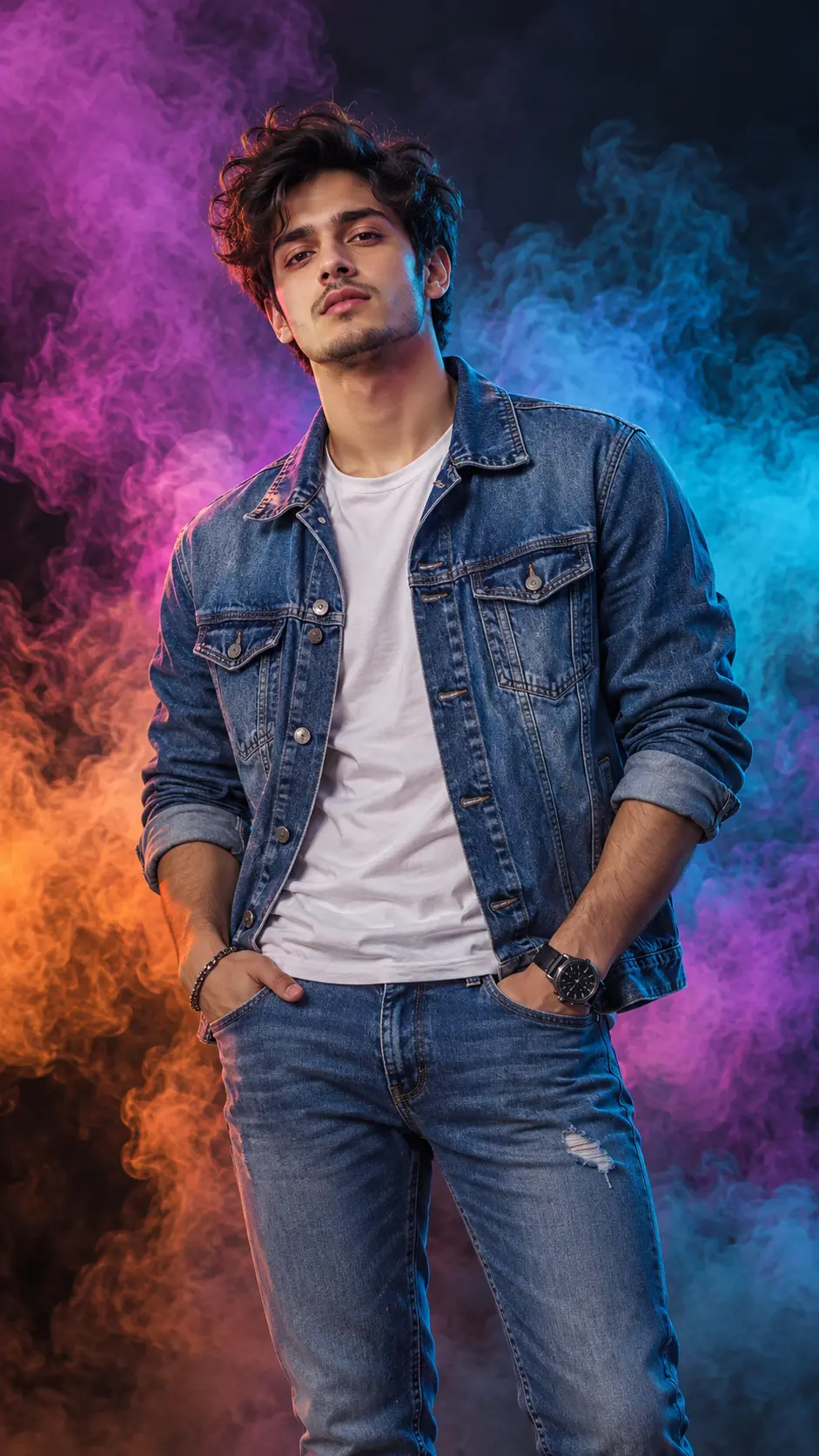 Young man wearing a medium-blue denim jacket and jeans standing confidently with hands in pockets, surrounded by vibrant purple, blue, and orange smoke and dramatic studio lighting.