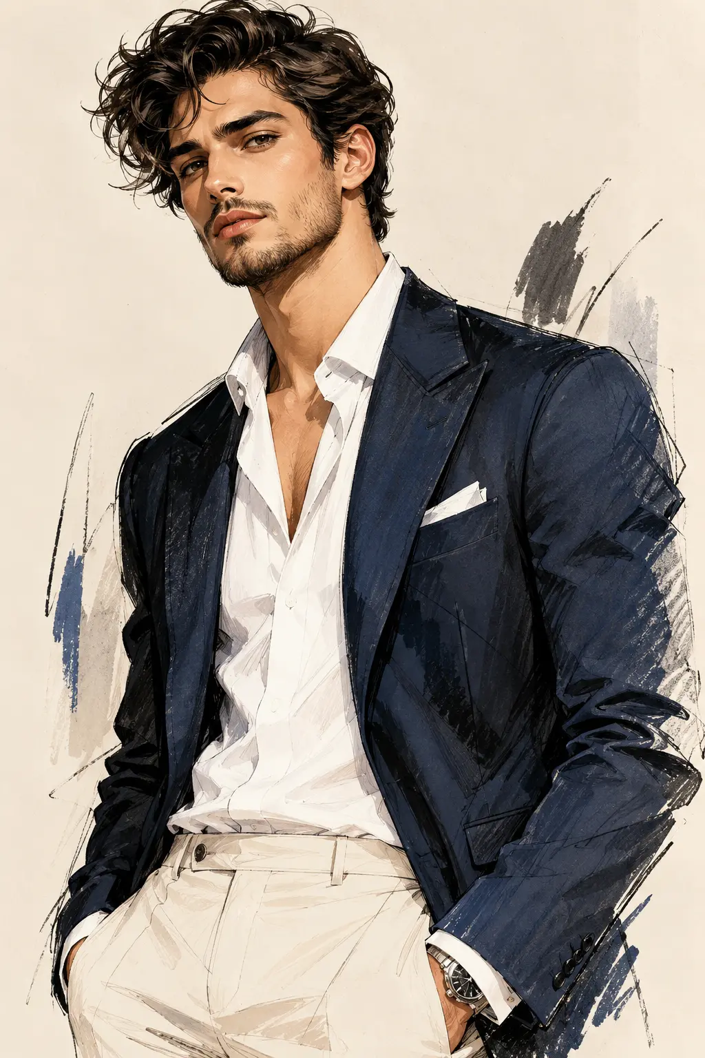 Digital fashion illustration of a confident man wearing a navy blue blazer and white shirt with beige pants, posed in a three-quarter view against a textured beige background.