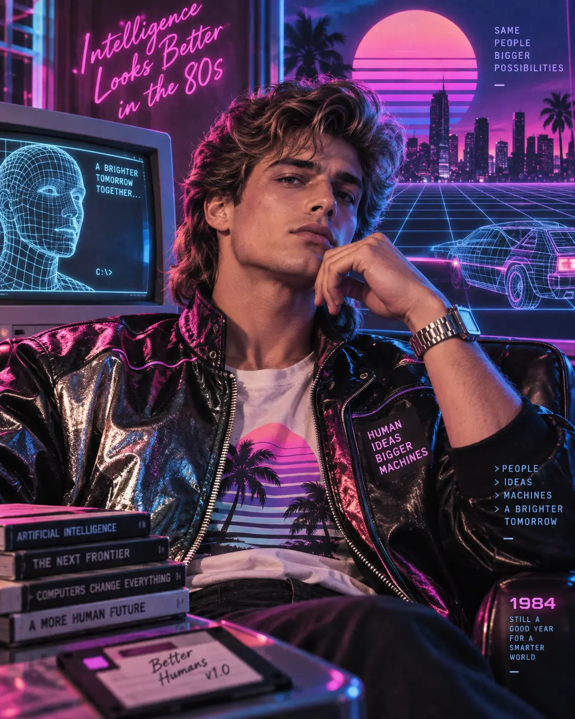 Stylish adult man in 1980s leather jacket posing thoughtfully inside neon-lit retro-futuristic studio with vintage computer and synthwave cityscape background.