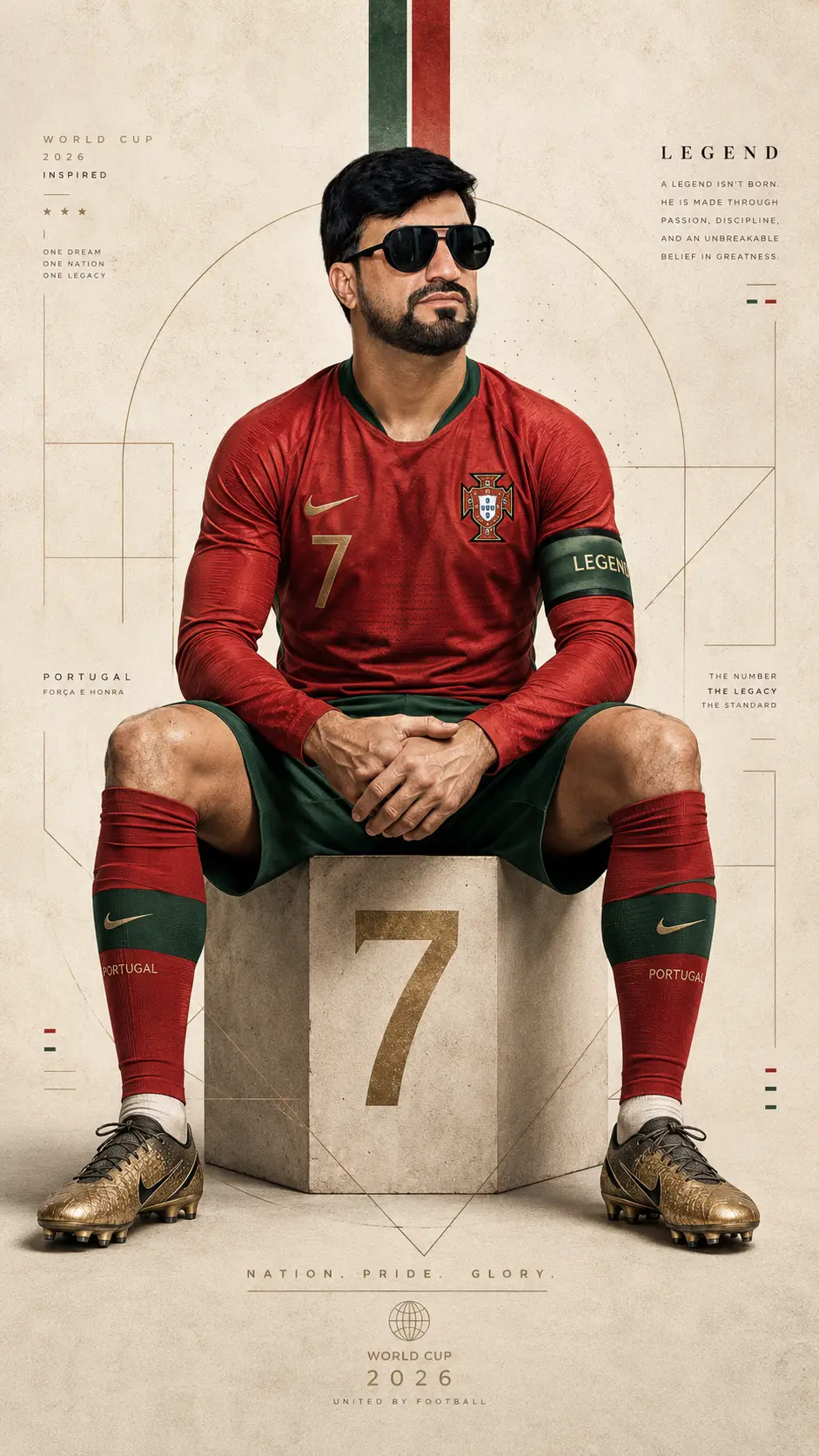 Man transformed into a Portugal number 7 football legend, seated on a geometric cube in a premium World Cup-inspired sports poster.