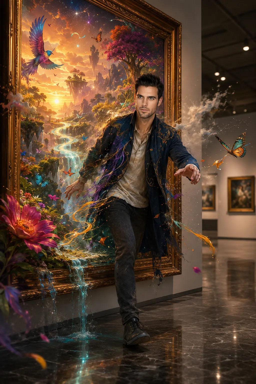 A man emerging from a large ornate painting with fantasy landscape including floating islands, waterfalls, and colorful birds, stepping into a modern art gallery.
