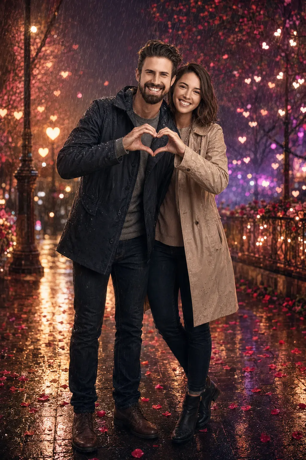 A smiling couple standing close in the rain making a heart shape with their hands, dressed in stylish coats, with romantic heart-shaped bokeh lights and wet reflective pavement.
