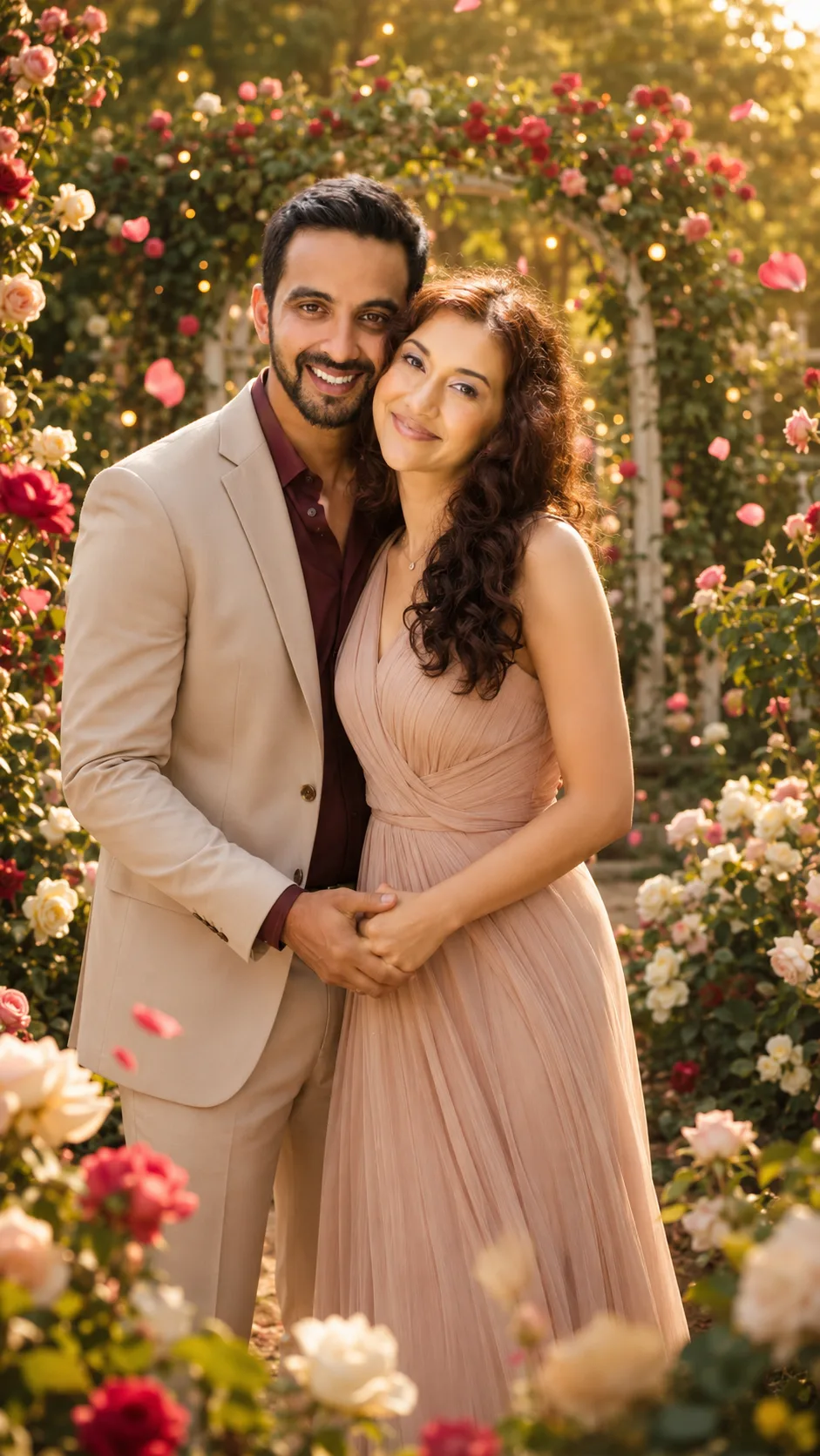 Romantic couple portrait together in an enchanting rose garden.