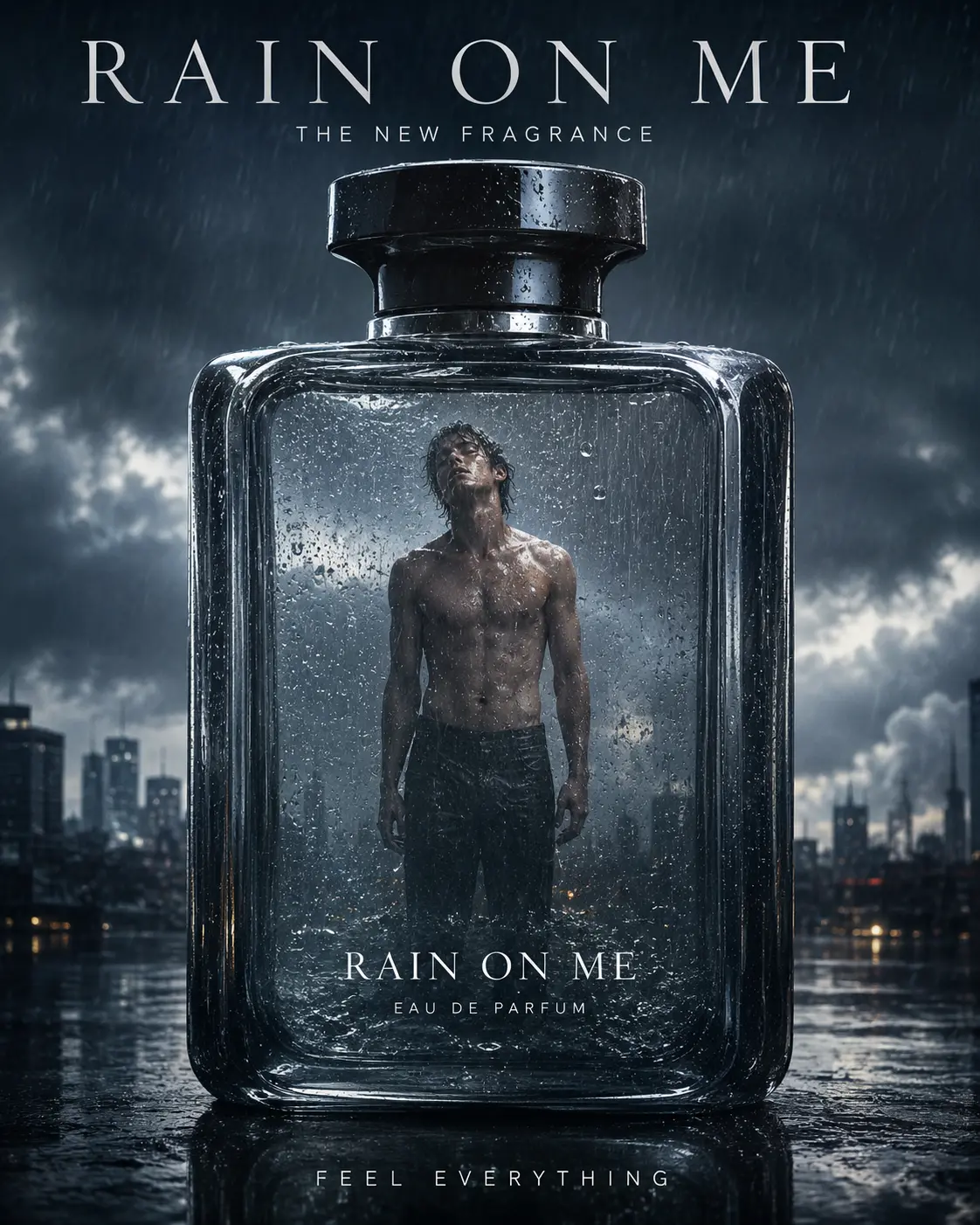 Photorealistic advertisement of a shirtless male model standing inside a large transparent glass perfume bottle with water droplets, set in a rain-soaked urban landscape under a stormy sky.