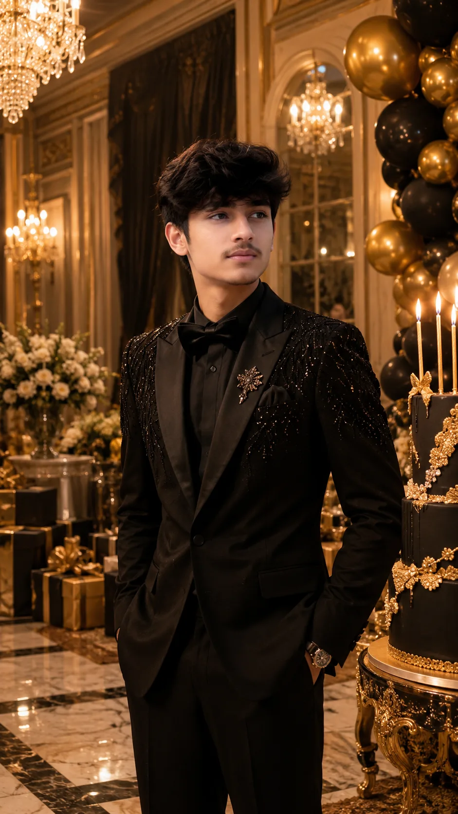 One person celebrating a royal-style birthday in an elegant palace hall with chandeliers, flowers, and golden decorations.