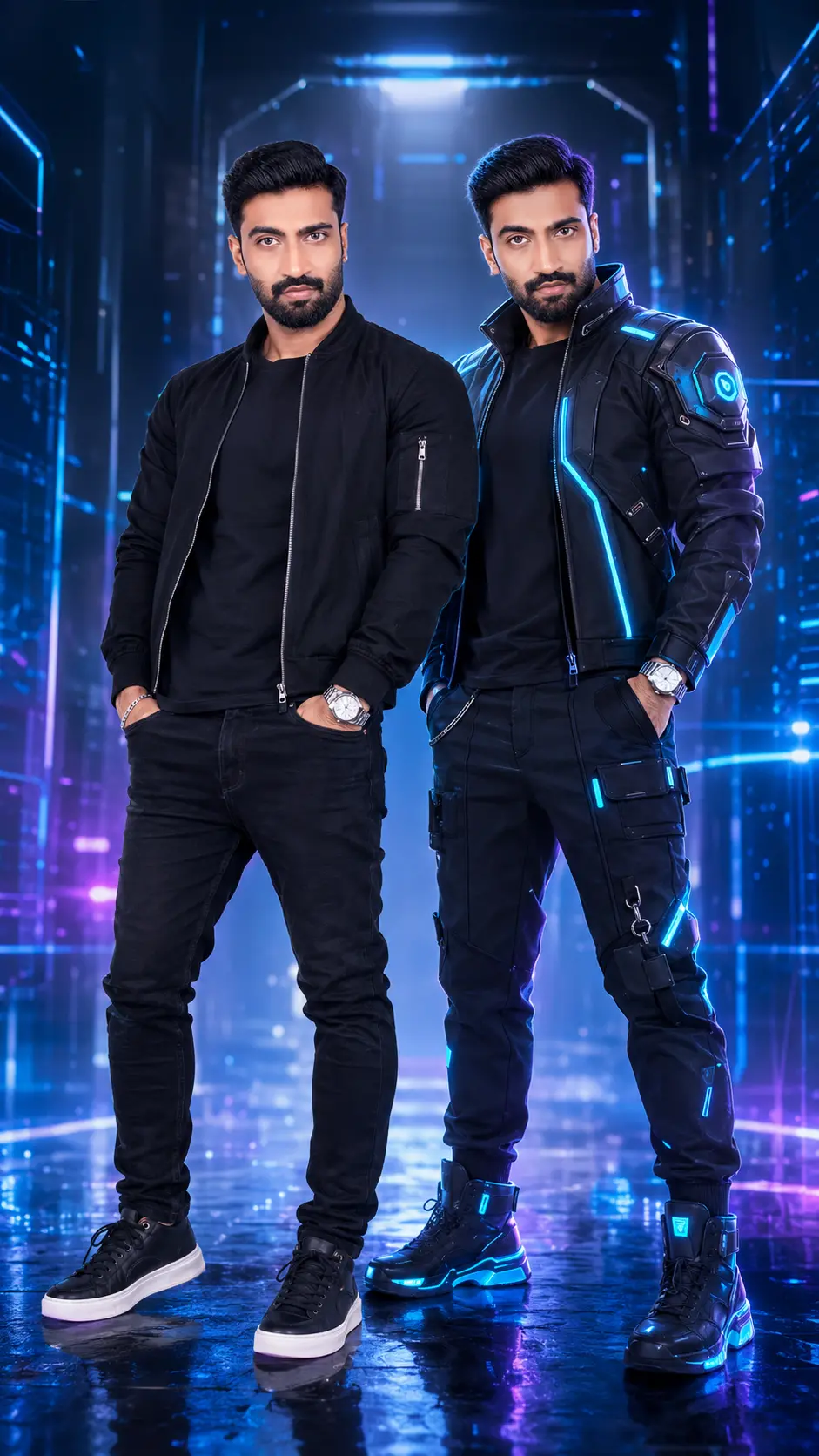 A man standing confidently next to his futuristic 3D avatar wearing neon-accented techwear in a glowing cyberpunk corridor with reflective floor.