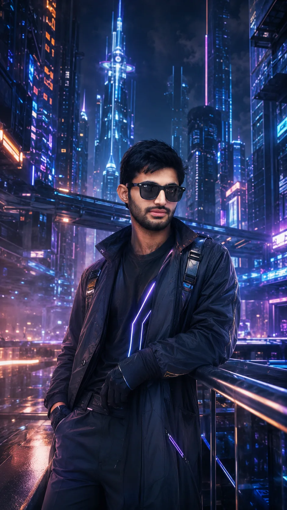 Chrome Luxe AvenueUltra-realistic portrait of a man wearing dark futuristic streetwear and sunglasses in a neon-lit cyberpunk city with glowing skyscrapers, elevated walkways, mist, and blue-purple lights.
