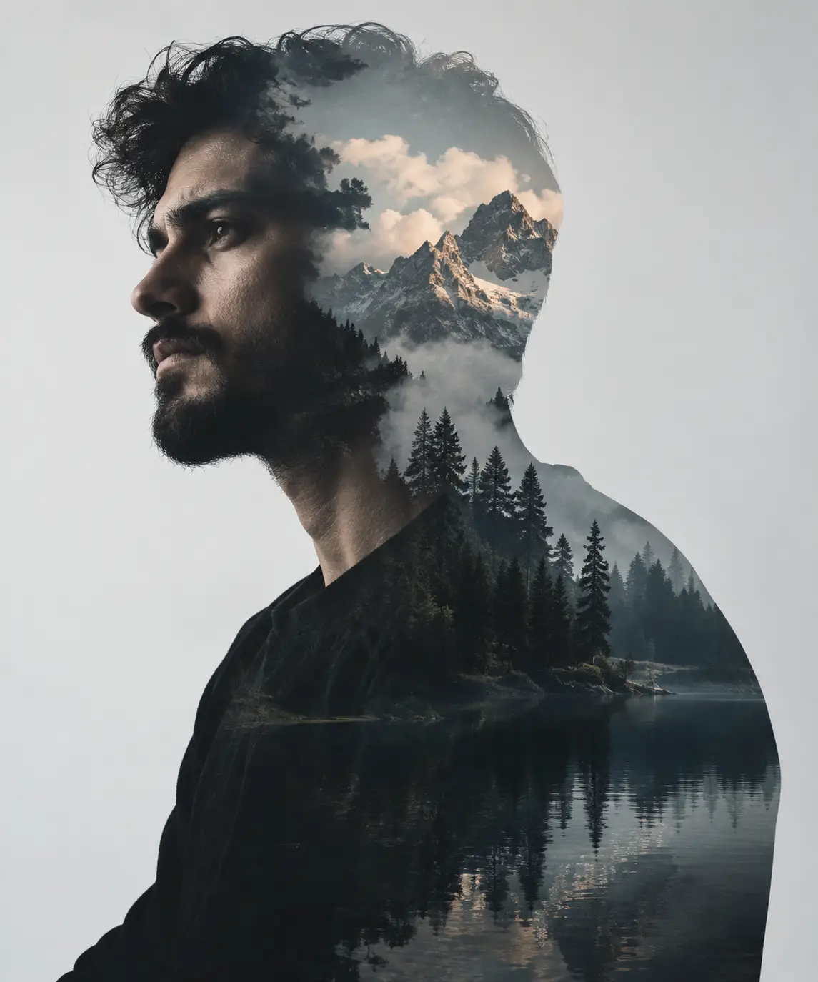 Side profile of a man overlaid with a double-exposure effect showing snowy mountain peaks, tall pine trees, and a reflective lake.