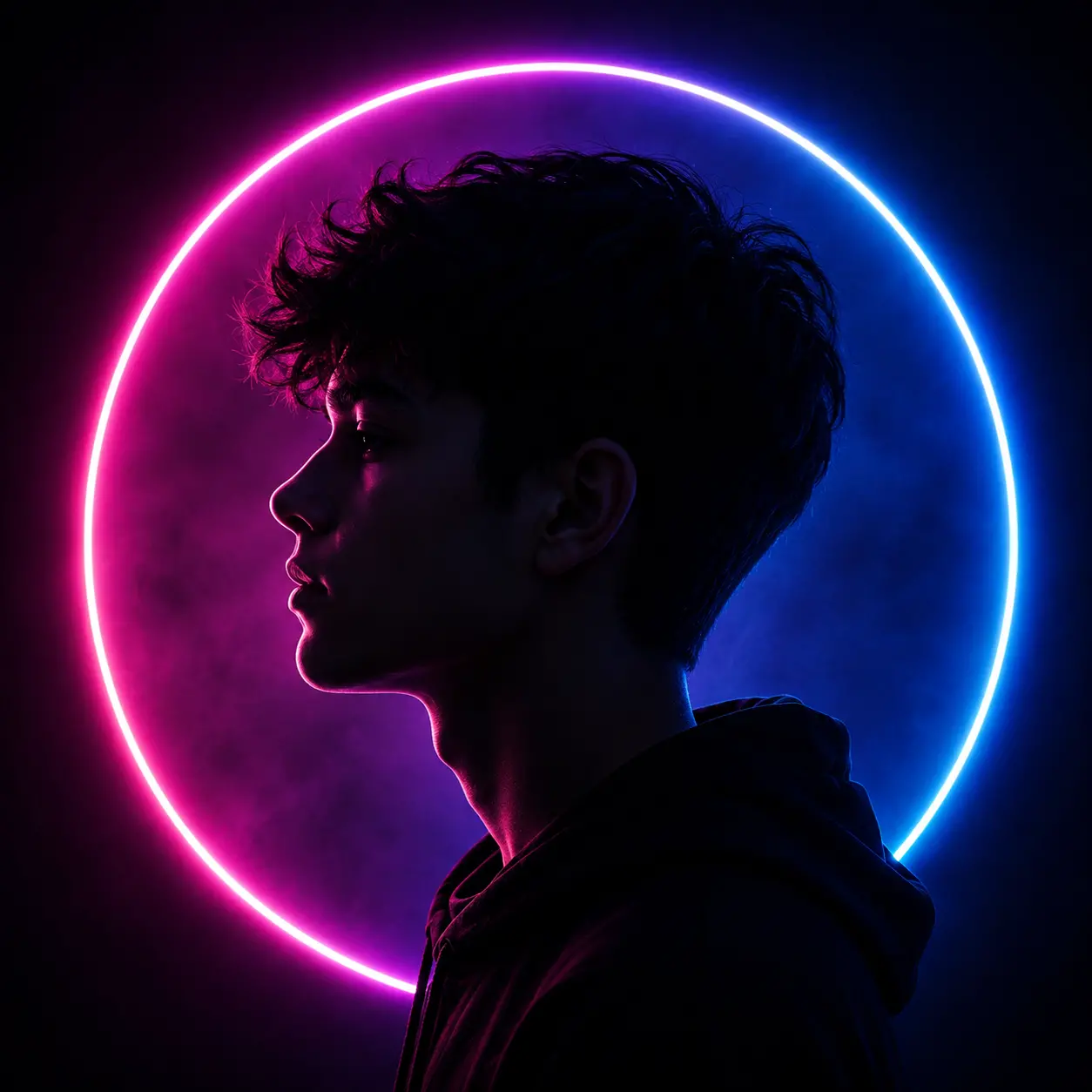 Side profile portrait of a young male with neon pink and blue circular light halo on dark background