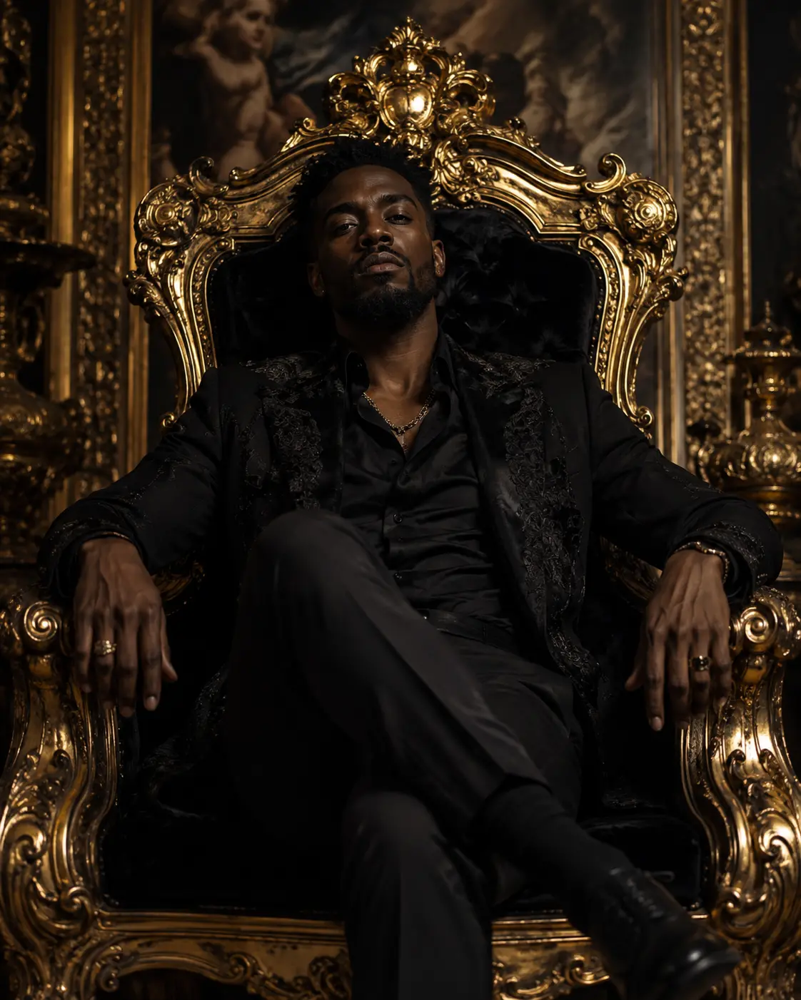 A man in elegant black formalwear seated confidently on an ornate golden Baroque throne in a richly decorated palace interior with dramatic low-key lighting.