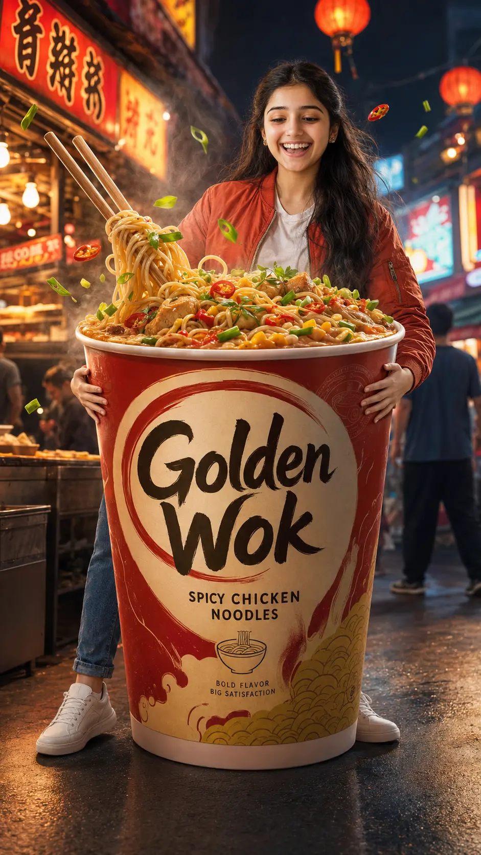 Young woman holding a gigantic cup of spicy chicken noodles with steam rising, standing in a vibrant Asian street food market at night.