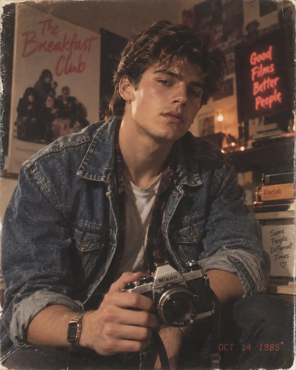 Young man in 1980s denim jacket holding a Nikon film camera, seated in a retro-styled room with vintage posters and warm lighting.