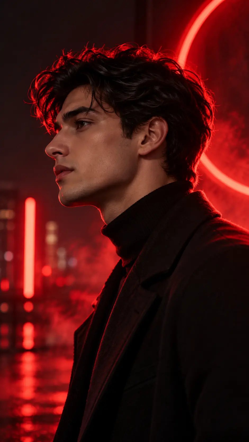 Side profile portrait of young man in black coat and turtleneck illuminated by red neon lights with dark blurred background and glowing red circular neon arc.