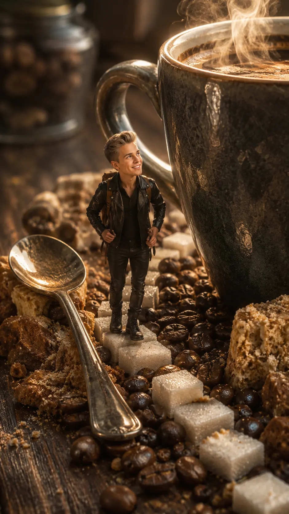 3D semi-realistic miniature man standing on stacked sugar cubes surrounded by coffee beans next to a large steaming coffee cup and a silver spoon on wooden table.