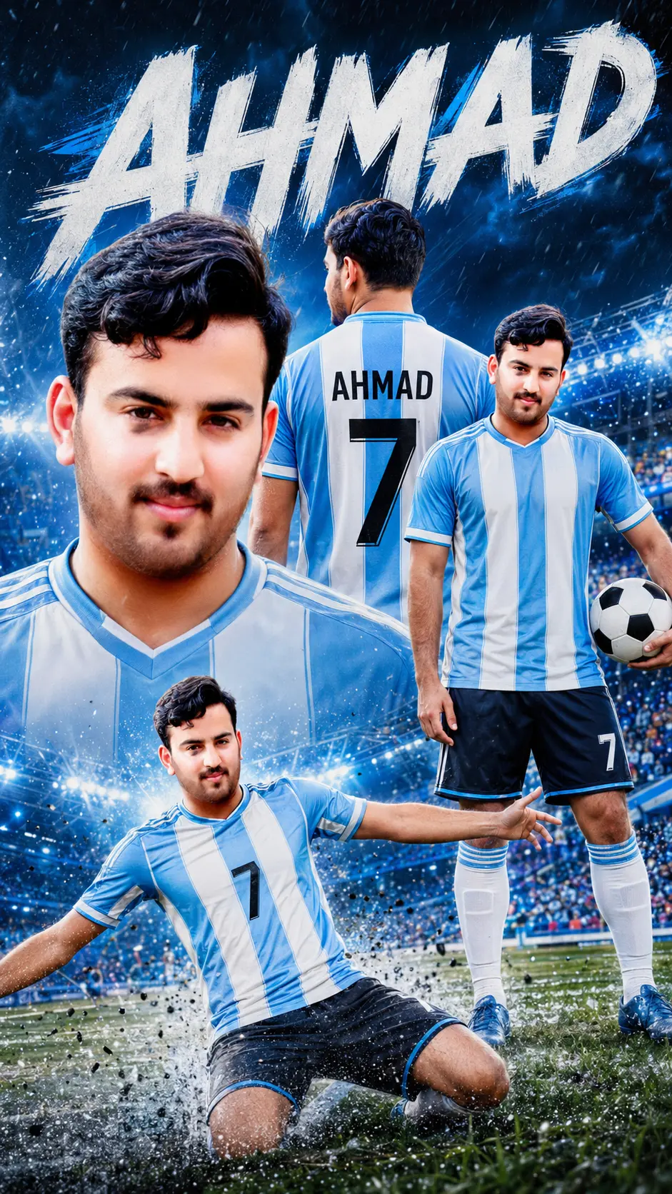 Composite image of soccer player in blue and white striped jersey, shown in close-up, back view, holding a soccer ball, and sliding on wet grass in a stadium.