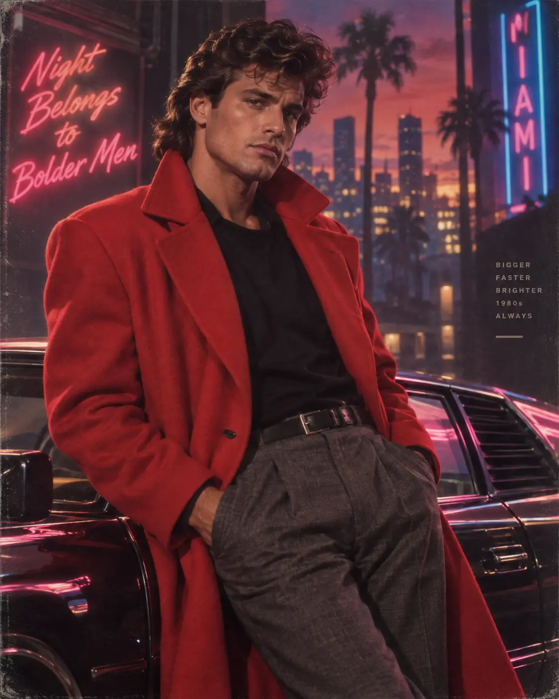 Photorealistic portrait of a man wearing a bold red coat and gray pleated trousers, leaning against a vintage car with neon-lit urban background and palm trees at dusk.