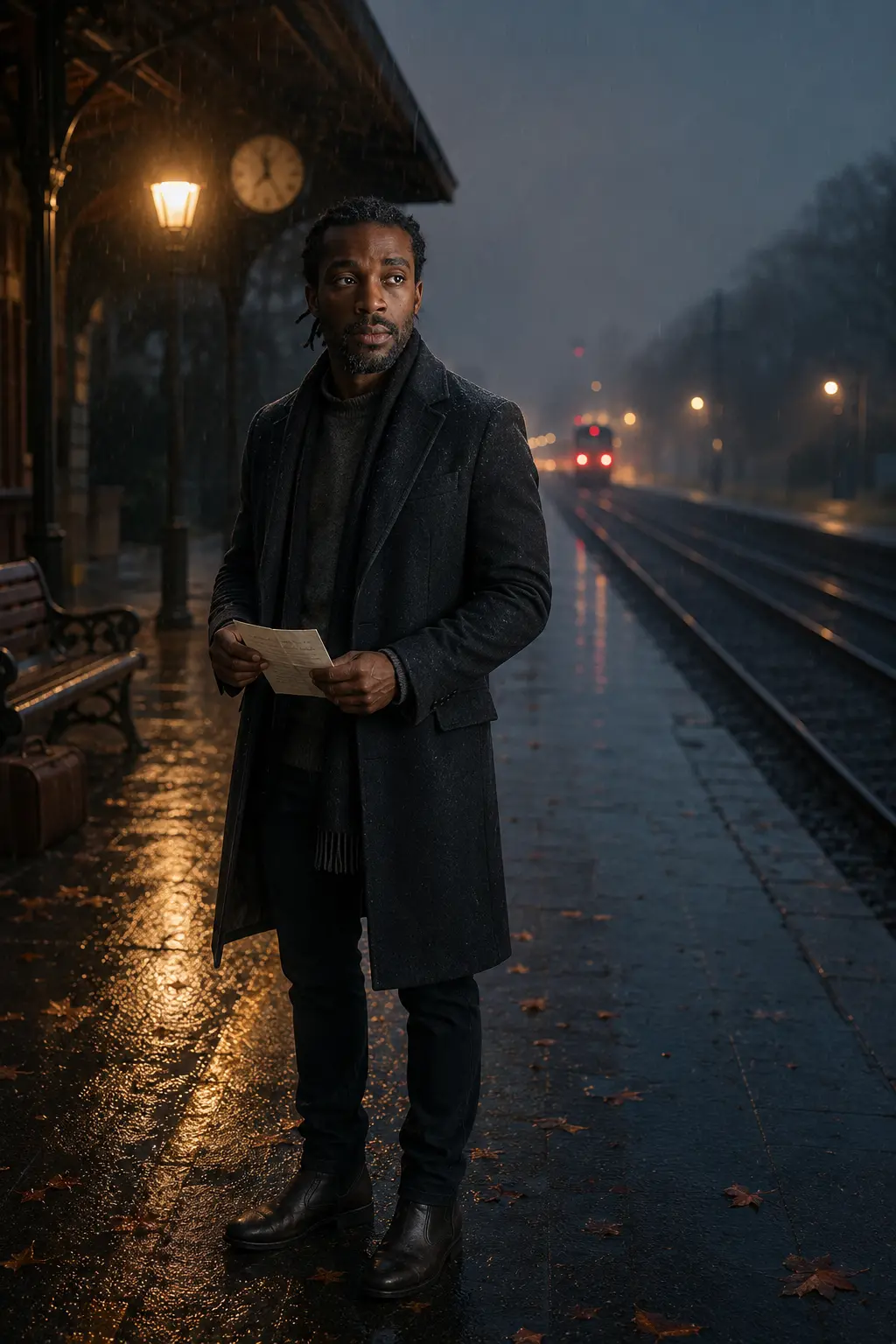 Man in dark coat holding a letter on a wet railway platform at night with glowing station lamps and a distant train.