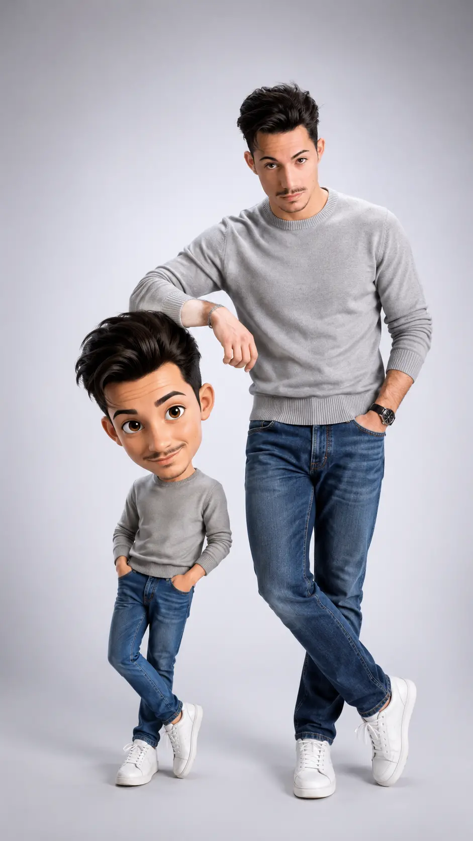 Full-body portrait of a man in a gray sweater and jeans standing next to a short 3D caricature version of himself wearing the same outfit on a light gray background.