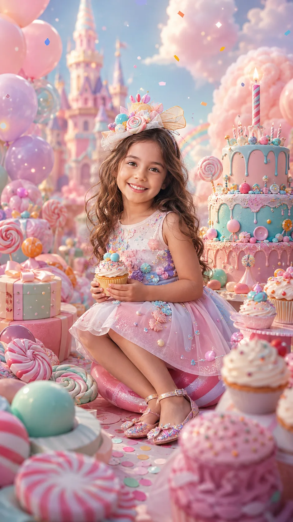 One person celebrating inside a colorful Candyland birthday fantasy with balloons, sweets, cupcakes, and floating sprinkles.