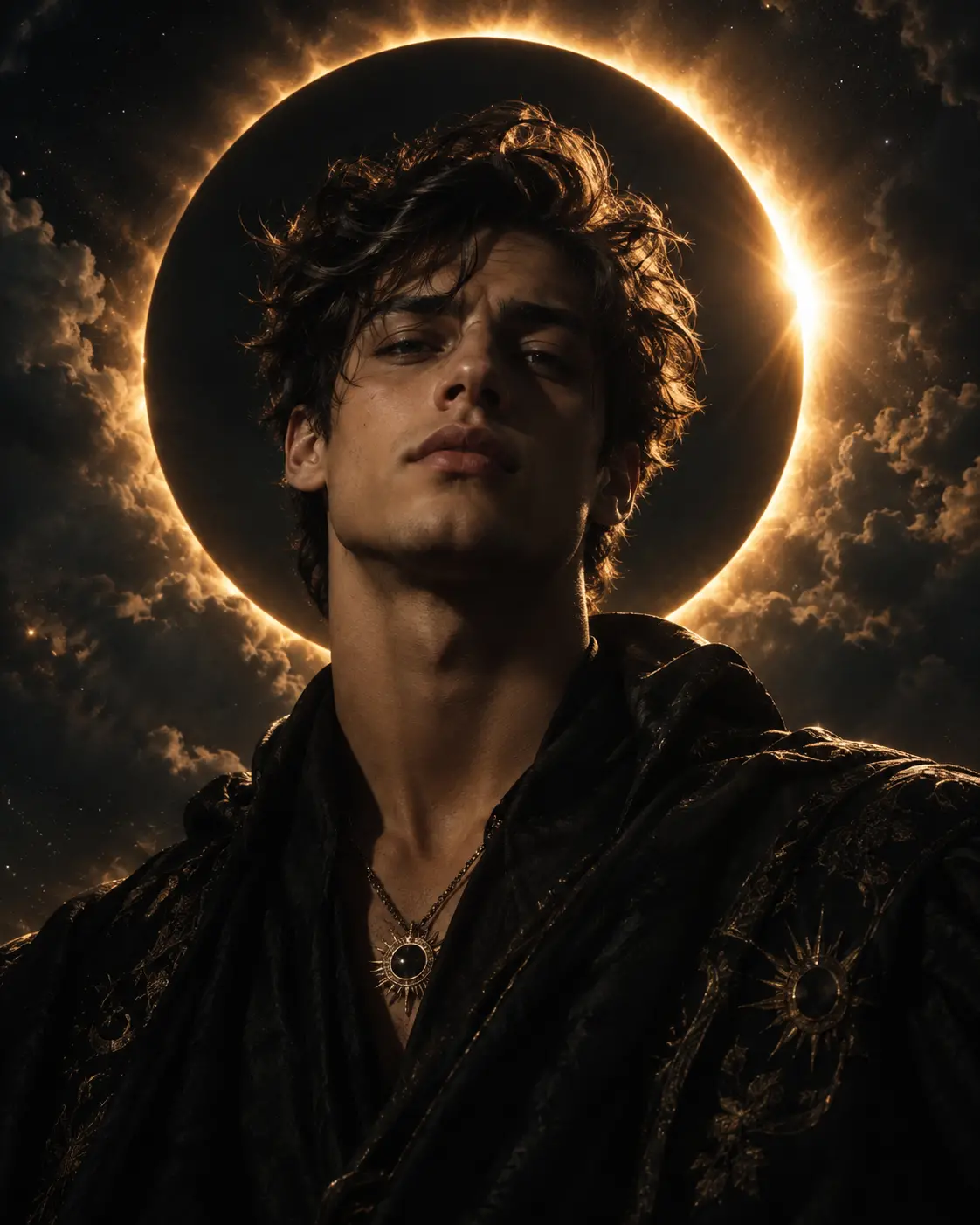 Close-up photorealistic portrait of a young man wearing an ornate dark cloak with gold celestial embroidery, posed against a glowing total solar eclipse background with dramatic lighting and clouds.