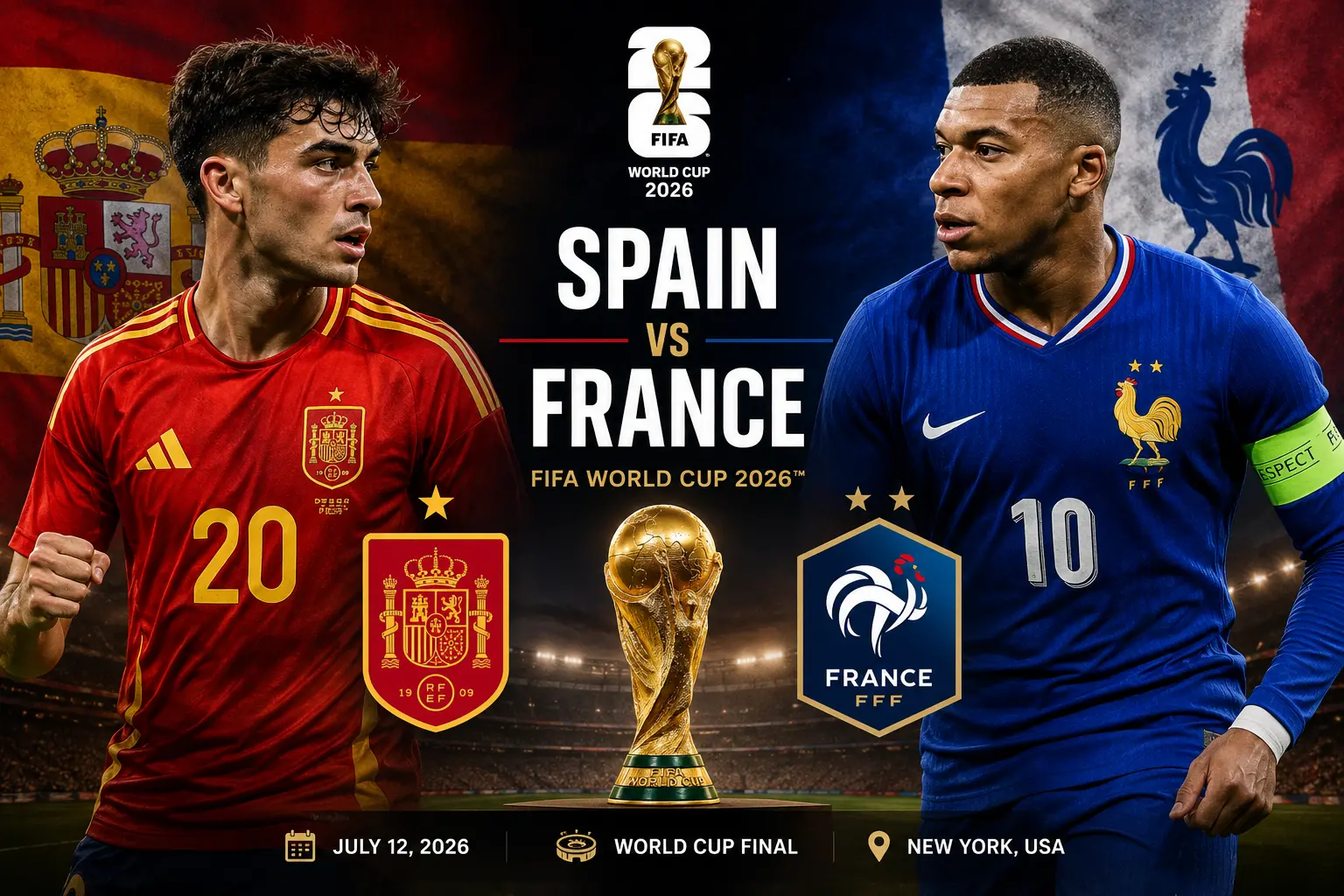 Photorealistic image of two professional football players facing off, one in red Spain jersey and one in blue France jersey, with World Cup trophy and stadium background.