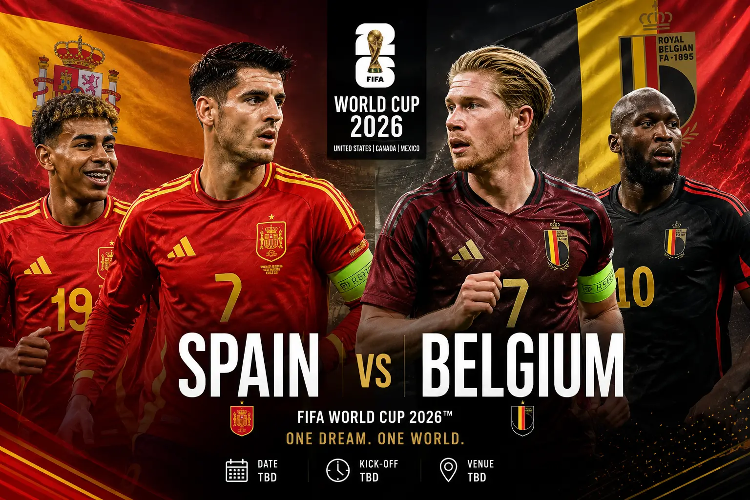Photorealistic promotional poster featuring four male football players in Spain and Belgium jerseys facing off with national flags and FIFA World Cup 2026 logo background.