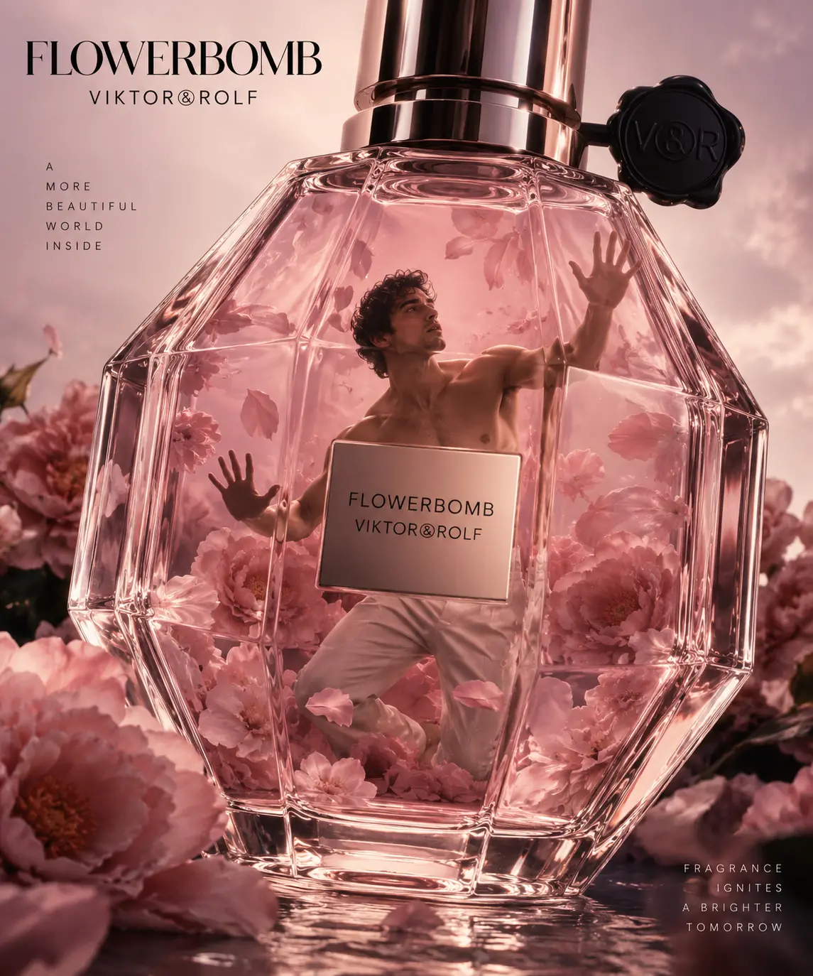 A shirtless male model posed inside a large faceted transparent perfume bottle surrounded by pink flowers, captured in a surreal luxury fragrance campaign setting.