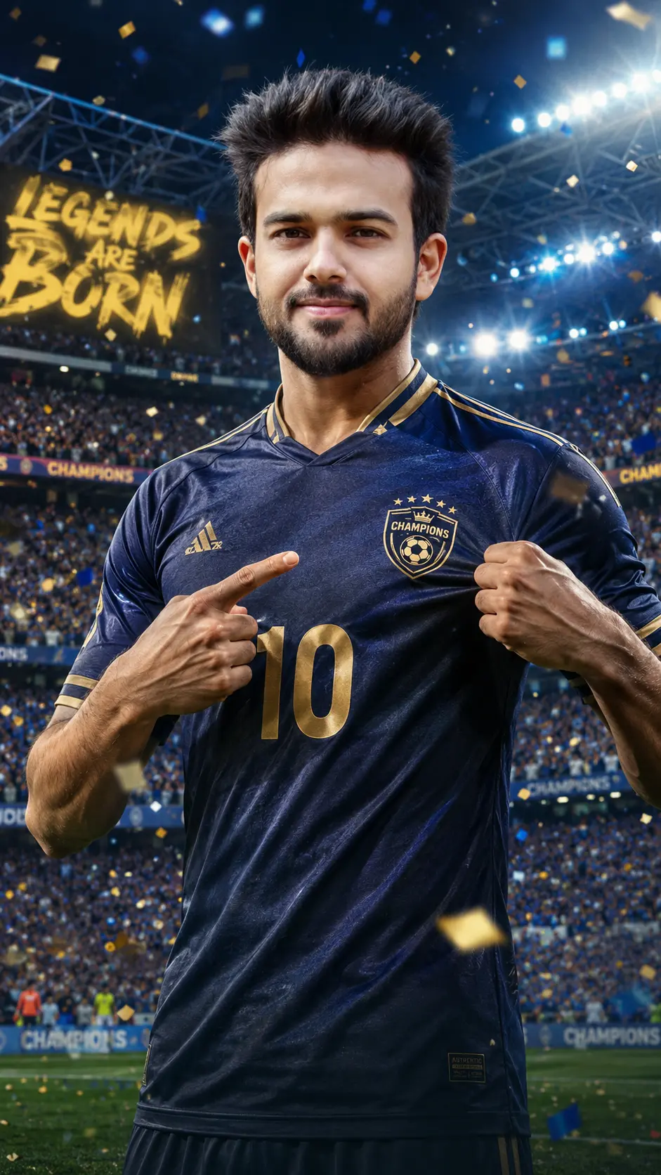 Football superstar standing in a glowing stadium with dramatic sports lighting