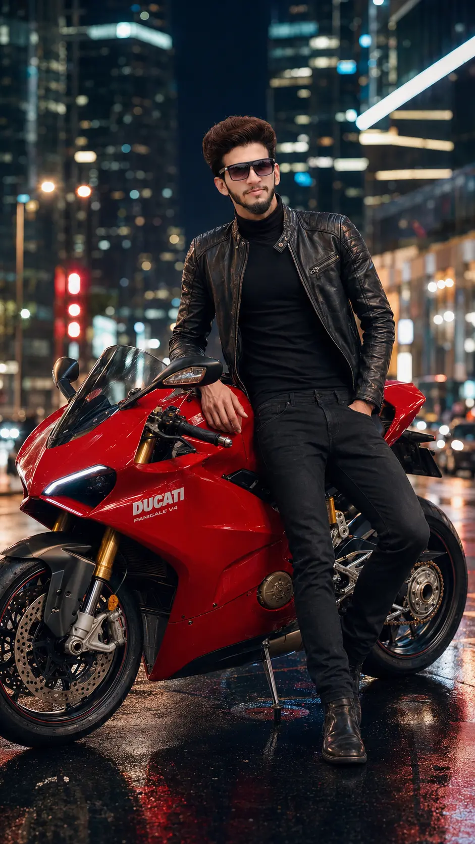 Man wearing black leather jacket and sunglasses leaning against a red Ducati Panigale V4 S motorcycle on a wet urban street at night with city lights in the background.