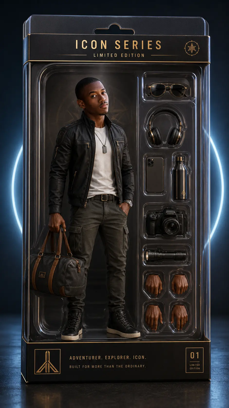 Limited edition 3D action figure of a man in stylish adventurer outfit inside clear plastic packaging with accessories including sunglasses, headphones, phone, water bottle, camera, flashlight, and extra hands.