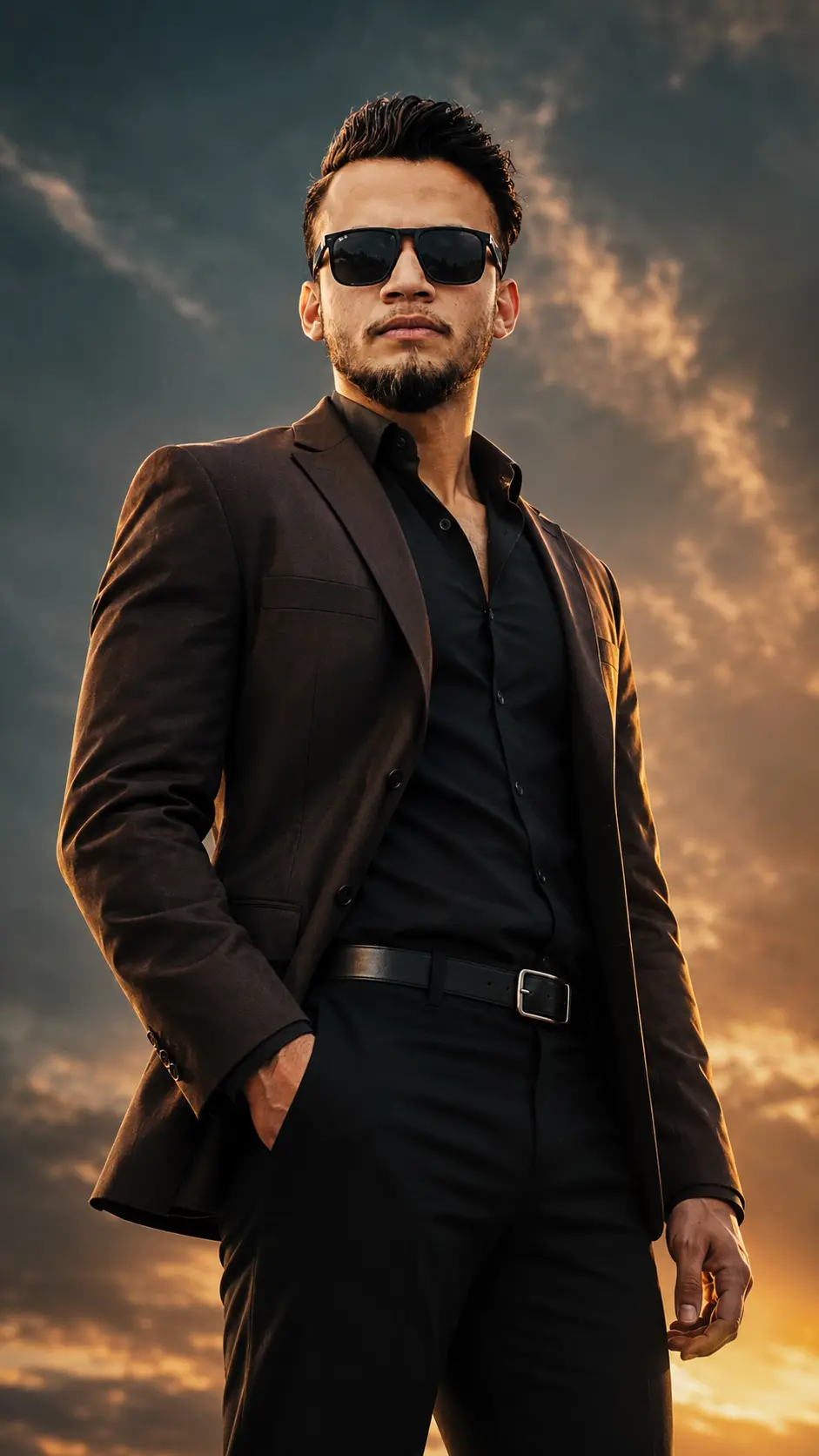 Confident man wearing dark brown blazer, black shirt, and sunglasses standing against a dramatic golden sunset sky with clouds.