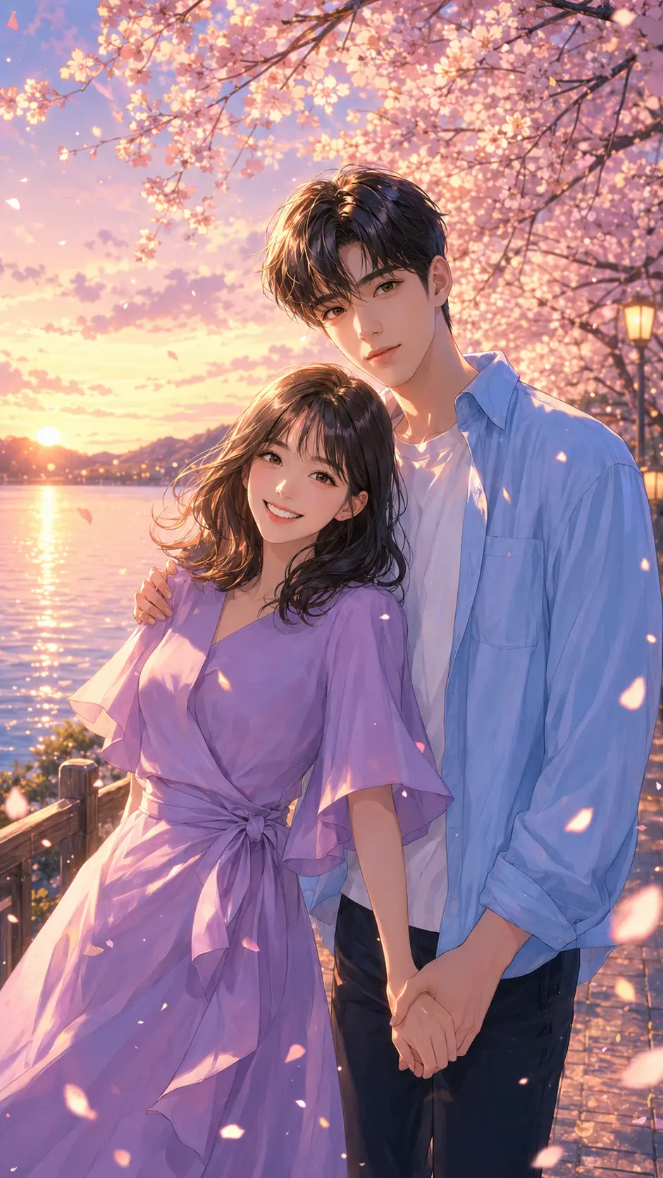 Anime-style portrait of a romantic couple holding hands under cherry blossom trees with a sunset and lake in the background.