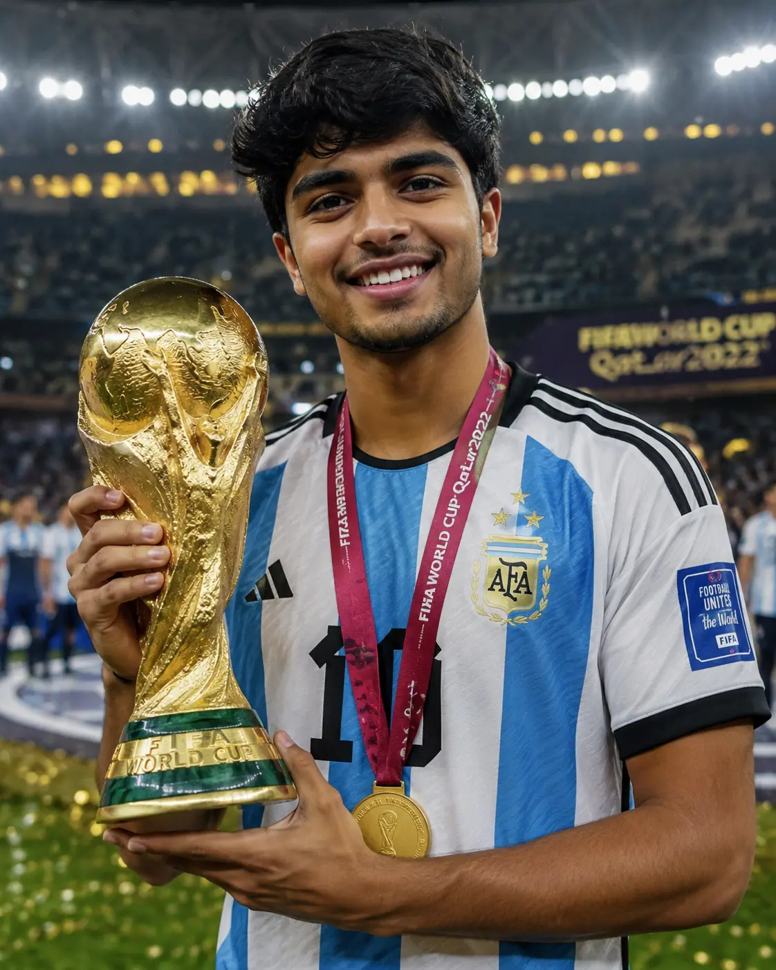 Young male football player in a blue and white striped jersey holding the FIFA World Cup trophy and wearing a gold medal inside a stadium filled with cheering crowd and bright lights.