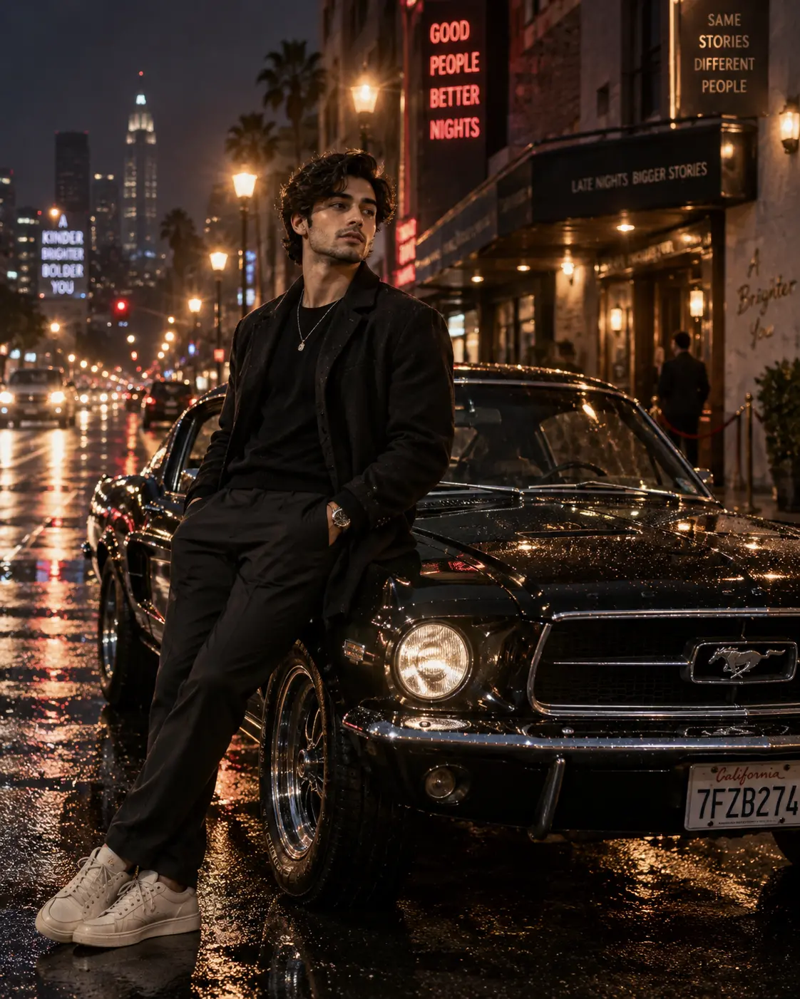 Young man leaning against glossy black vintage muscle car on a wet city street at night with streetlights and urban buildings in background.