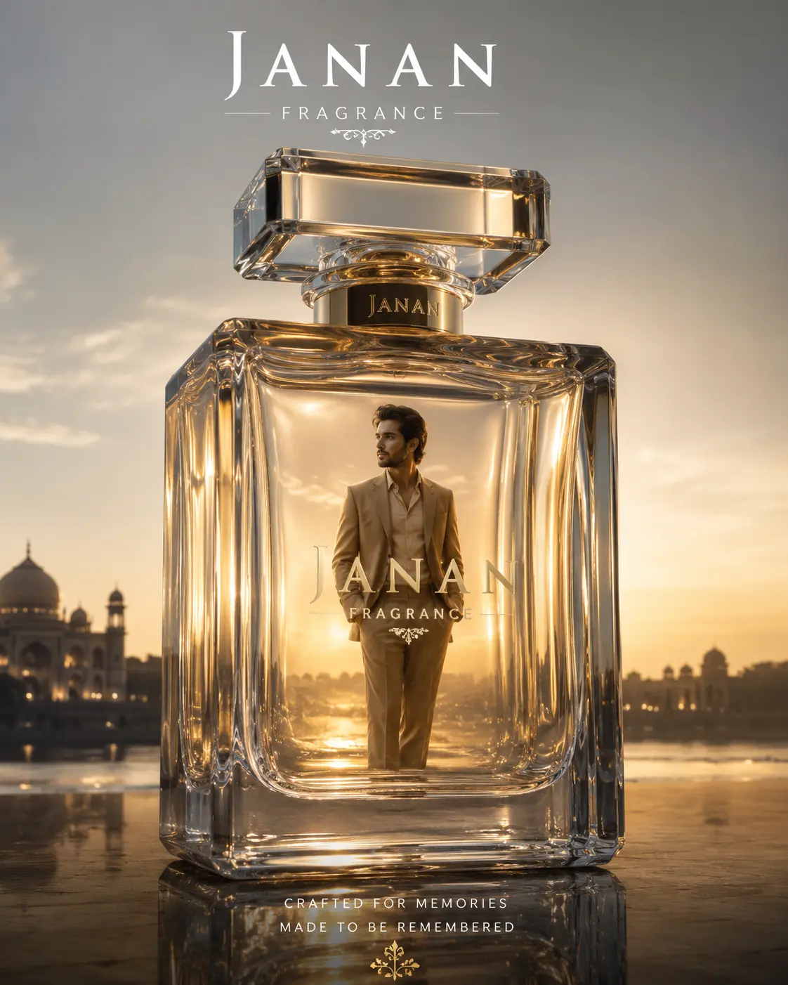 Photorealistic luxury fragrance advertisement showing a man inside a large transparent glass perfume bottle illuminated by warm sunlight with an ornate cityscape background.