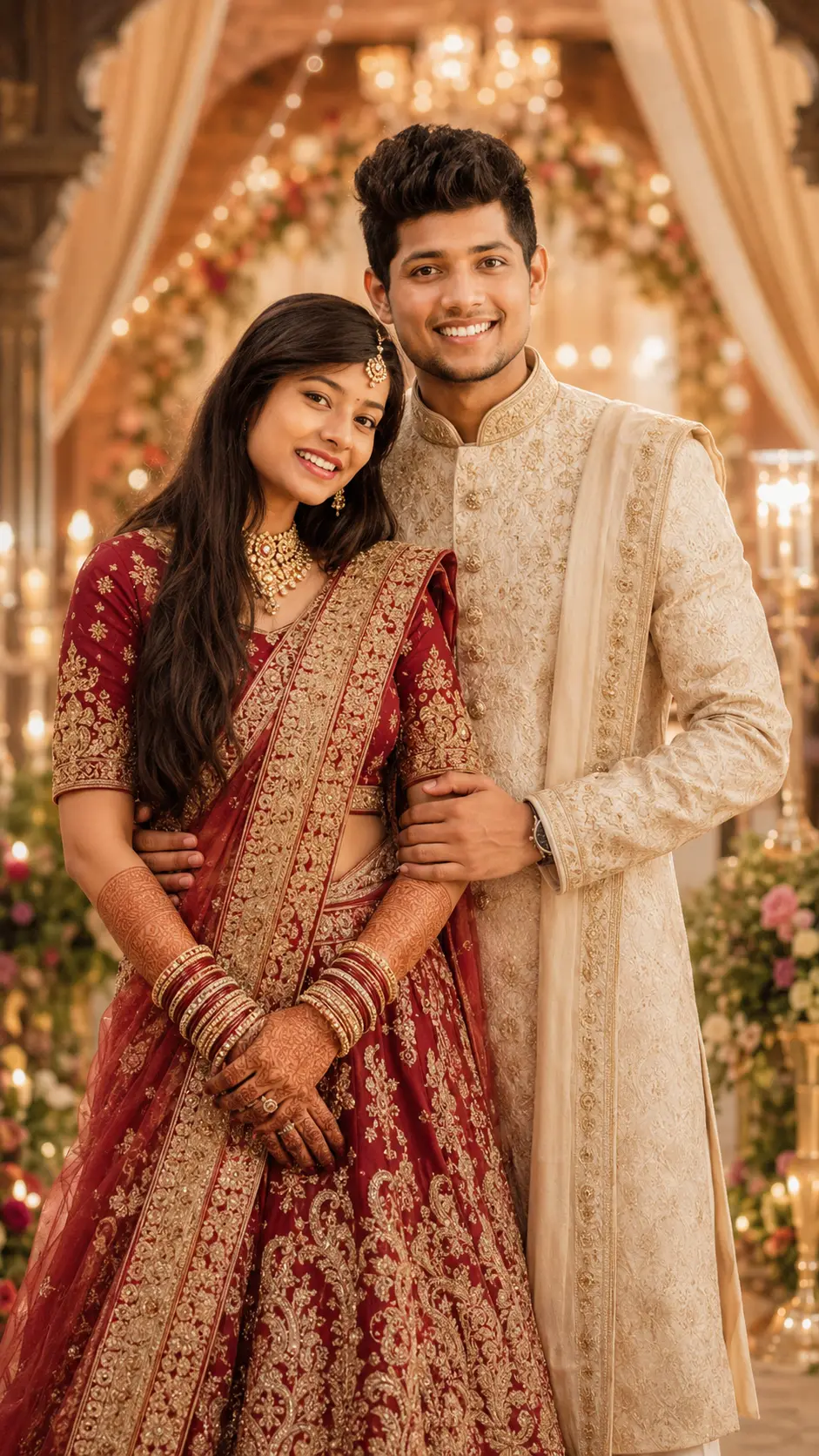 Indian bride and groom in rich traditional wedding attire standing together in a warmly lit, decorated venue with floral arrangements and soft glowing lights.