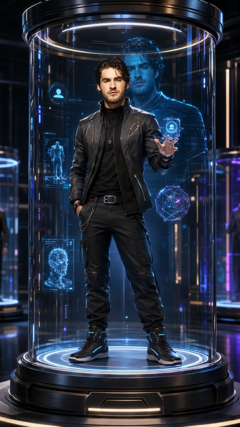 A semi-realistic 3D digital avatar of a man in futuristic black attire standing inside a cylindrical high-tech glass display with holographic digital elements and blue lighting.