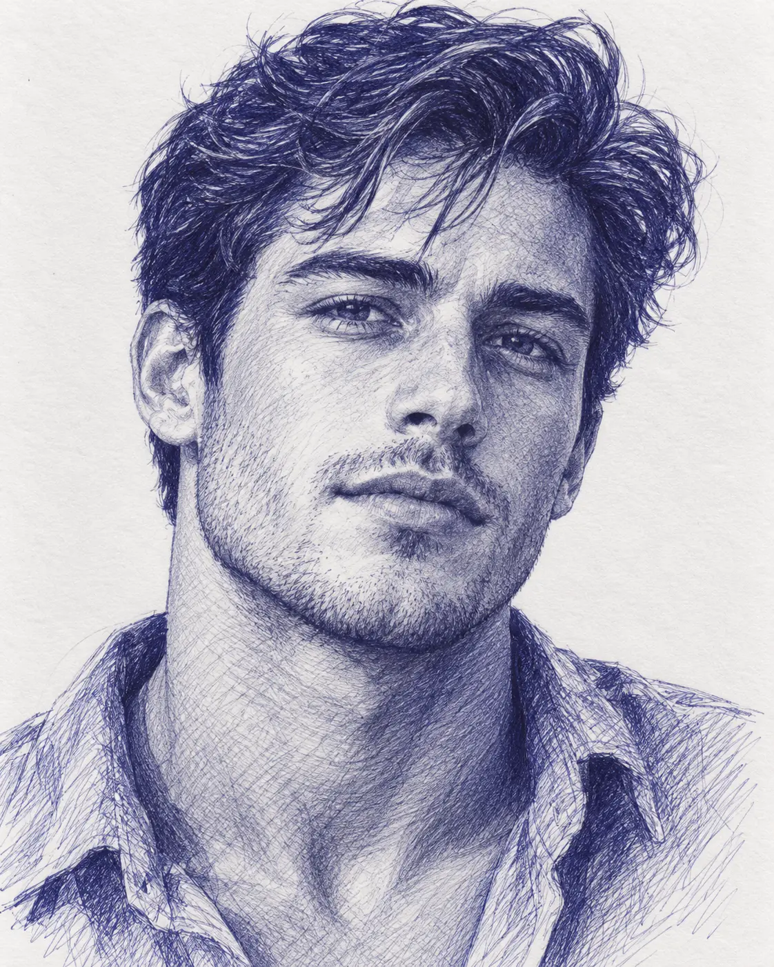 Close-up realistic blue ballpoint pen drawing of a young adult male with textured hair and casual shirt on white paper background.