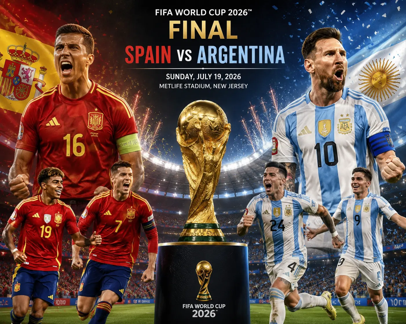 Photorealistic image of Spain vs Argentina football final with players celebrating and FIFA World Cup 2026 trophy in stadium
