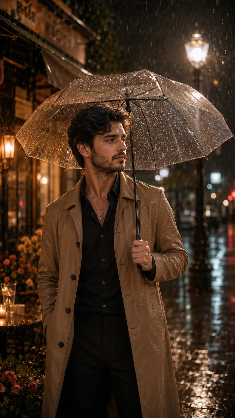 Cinematic romantic portrait under an umbrella on a glowing rain-soaked street.