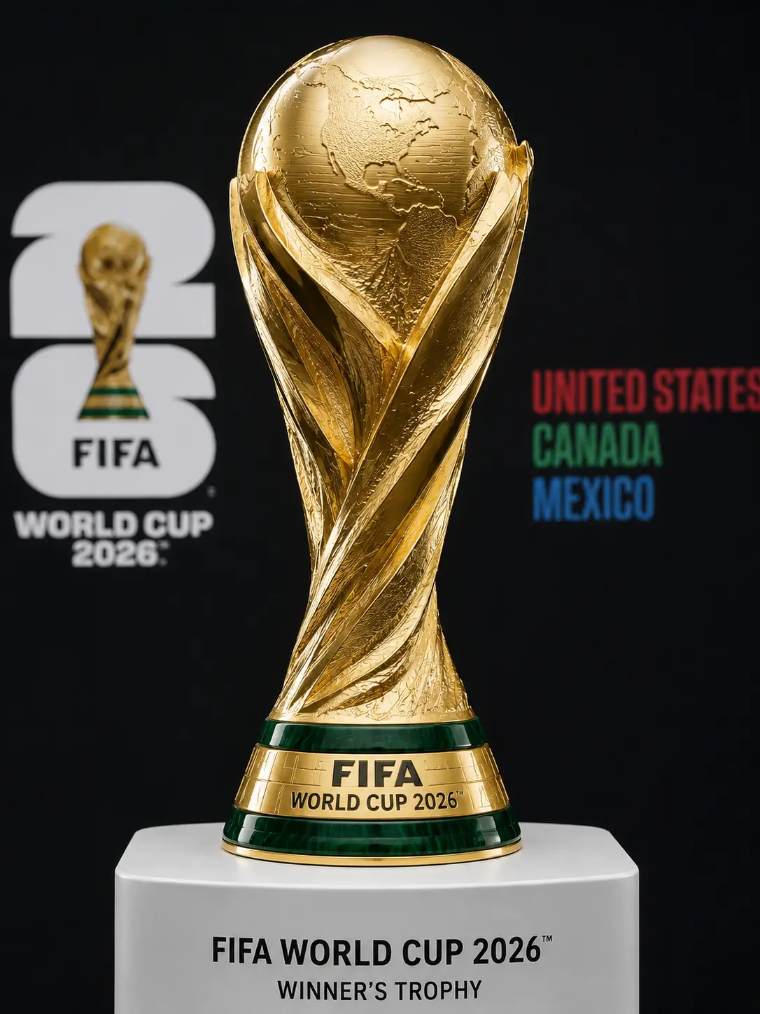 Photorealistic studio image of the FIFA World Cup 2026 golden winner's trophy on a pedestal with a black background and event graphics.