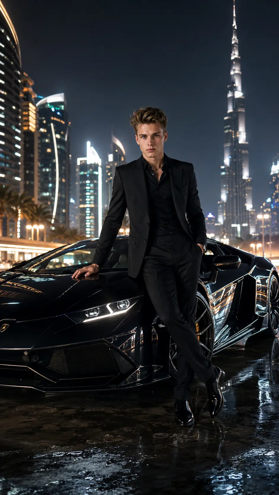 Stylish man in black suit leaning on a black luxury supercar at night with illuminated skyscrapers in Dubai cityscape background.