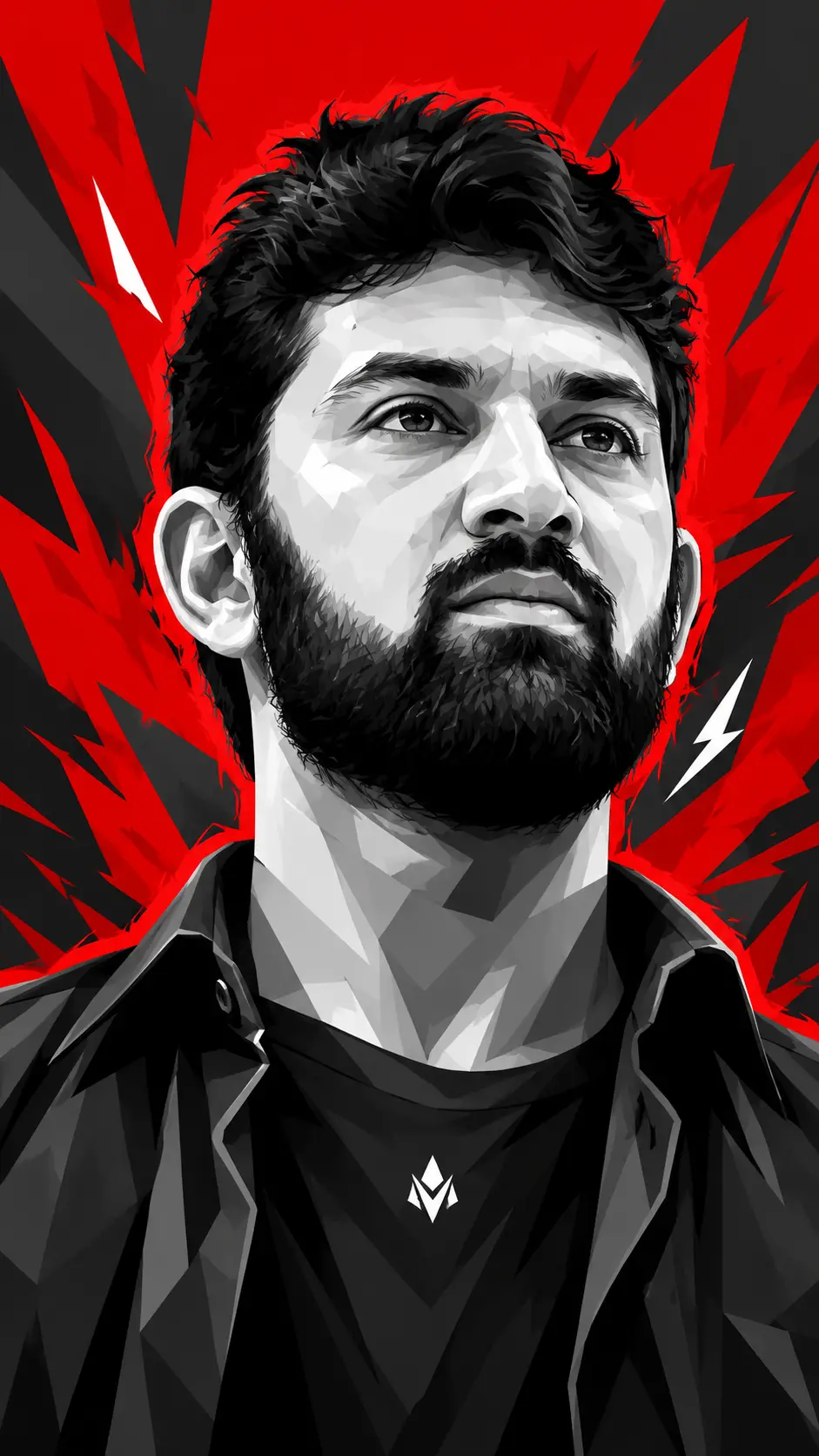 Vector portrait of a serious bearded man looking upward with jagged black hair, wearing a dark shirt against a vivid red background with dark gray abstract shards and white accents.