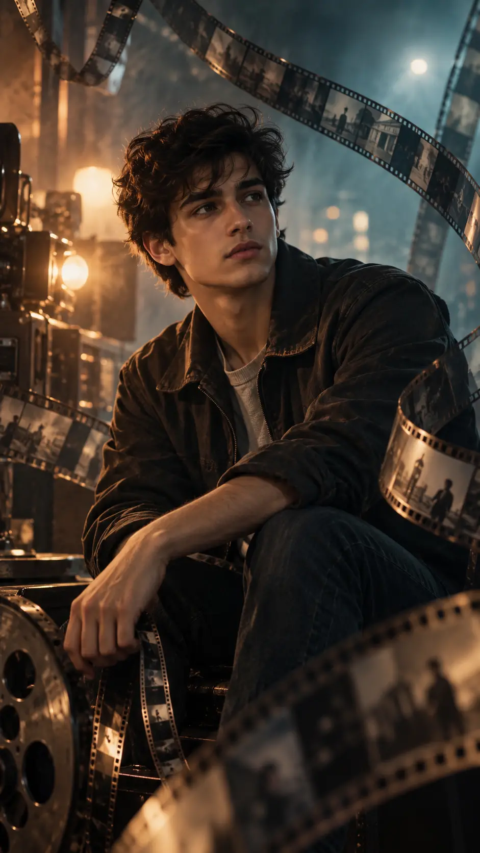 Young man in dark jacket seated among flowing vintage 35mm film strips with dramatic cinematic lighting and vintage film equipment in background.