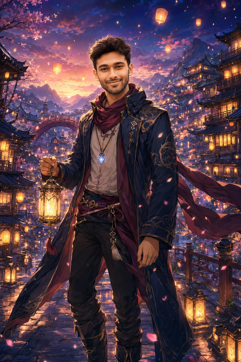Anime-style portrait of a young man holding a glowing lantern in a magical lantern-lit city with traditional buildings and mountains in the background.