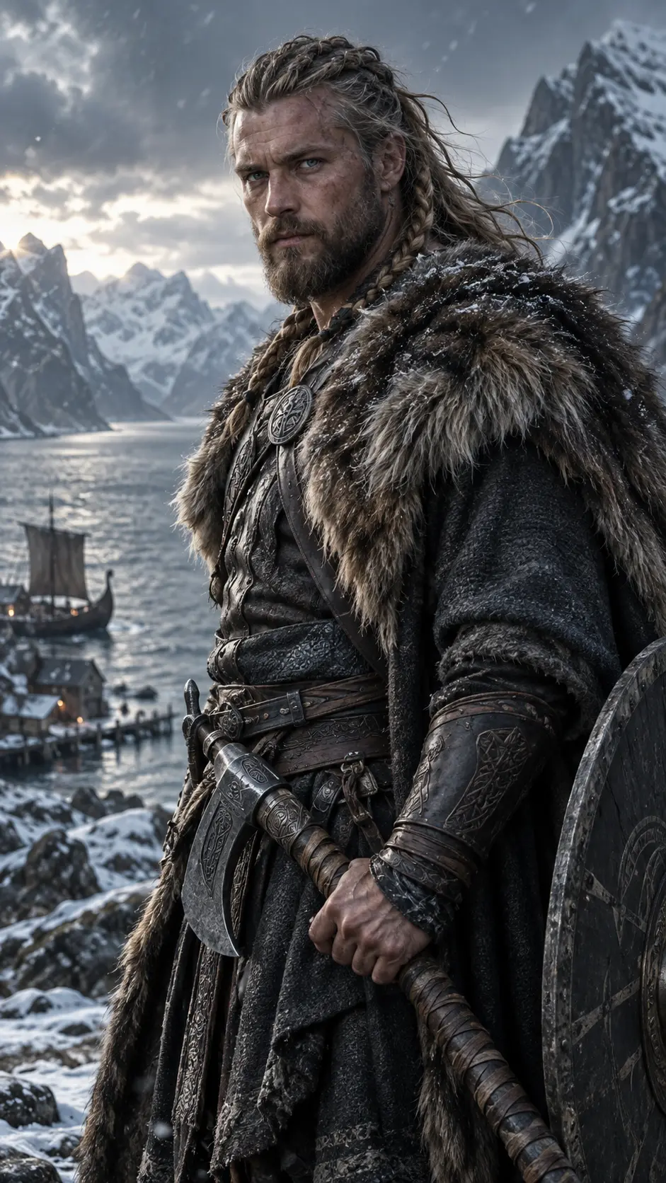 Photorealistic portrait of a Nordic Viking warrior in fur cloak holding an axe and shield, standing before a snowy fjord with Viking ship and mountains in background.