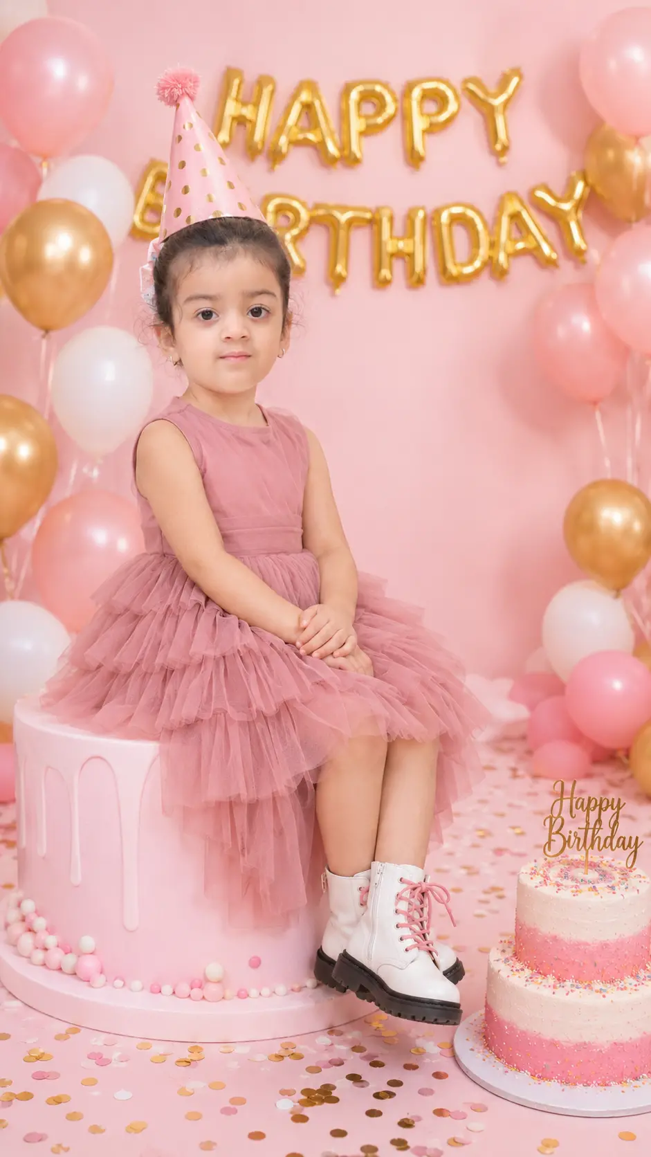 Young girl in a layered pink tulle dress and white boots seated on a large pink cake prop with birthday balloons and confetti in a bright studio setting.